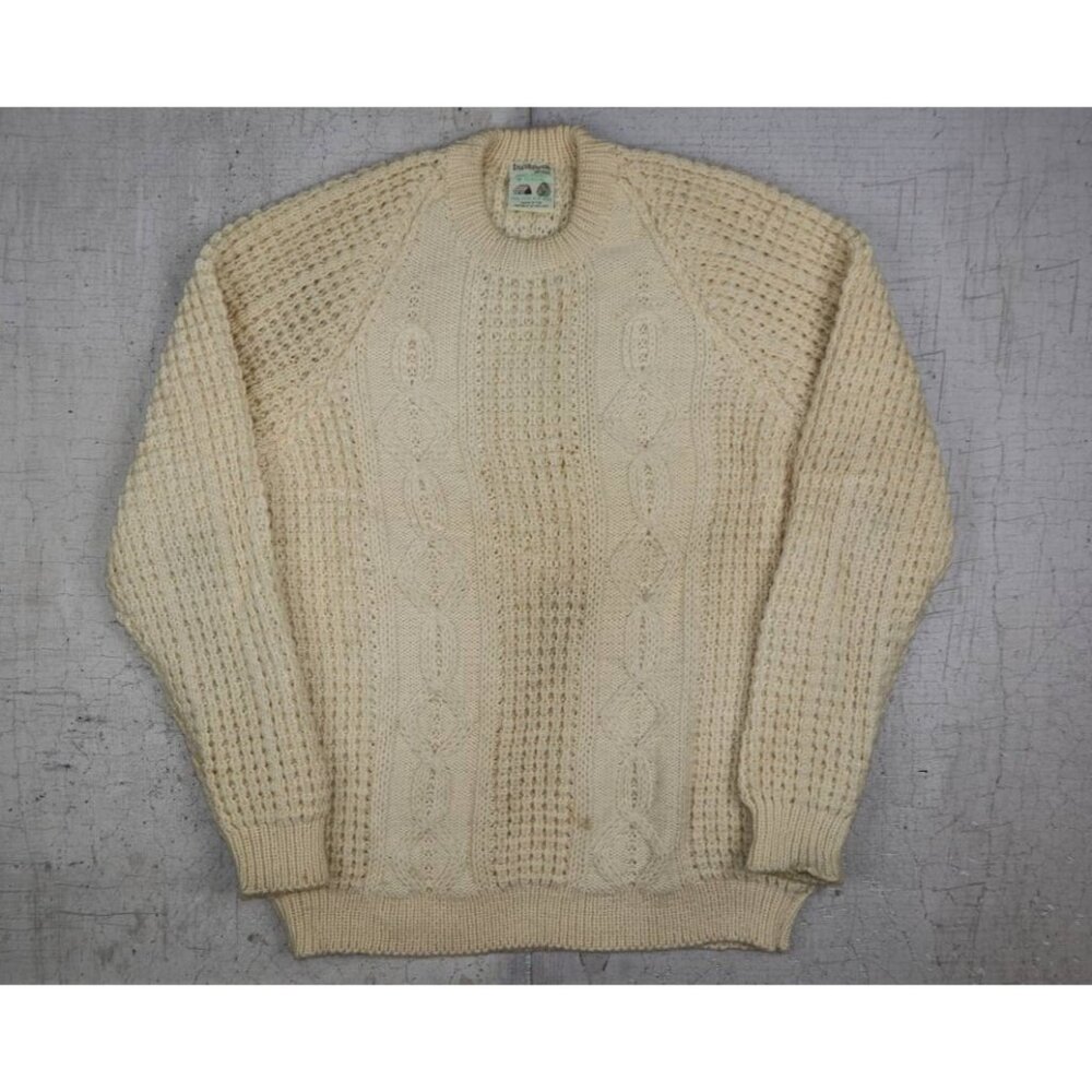 VINTAGE Inishowen Men Sweater L Cream Cable Knit 100% Wool Handloomed Donegal